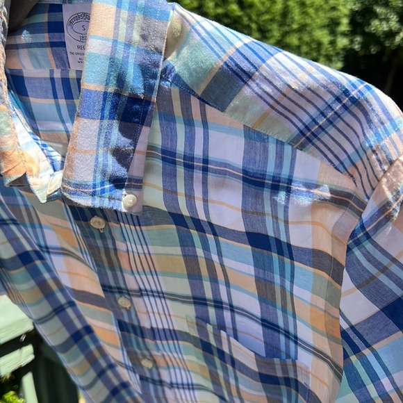 Brooks Brothers Mens button down shirt plaid checkered blue size S short sleeves - Picture 6 of 14